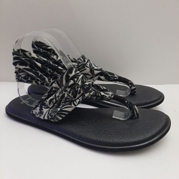 SANUK / Yoga Sling 2 Sandal Thong Black & White Tropical Print Sz 10 - Picture 2 of 14